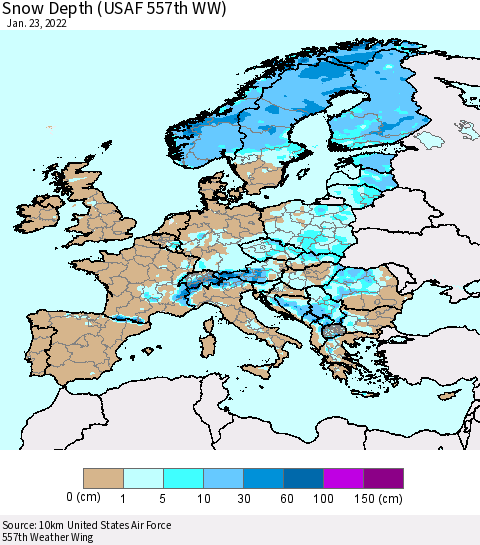 Europe Snow Depth (USAF 557th WW) Thematic Map For 1/17/2022 - 1/23/2022