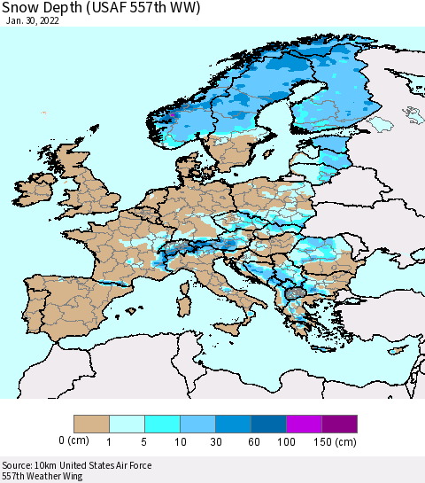 Europe Snow Depth (USAF 557th WW) Thematic Map For 1/24/2022 - 1/30/2022