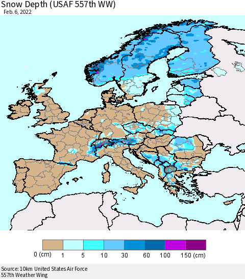 Europe Snow Depth (USAF 557th WW) Thematic Map For 1/31/2022 - 2/6/2022