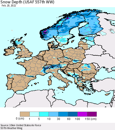 Europe Snow Depth (USAF 557th WW) Thematic Map For 2/14/2022 - 2/20/2022