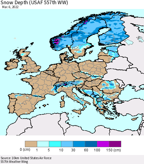 Europe Snow Depth (USAF 557th WW) Thematic Map For 2/28/2022 - 3/6/2022