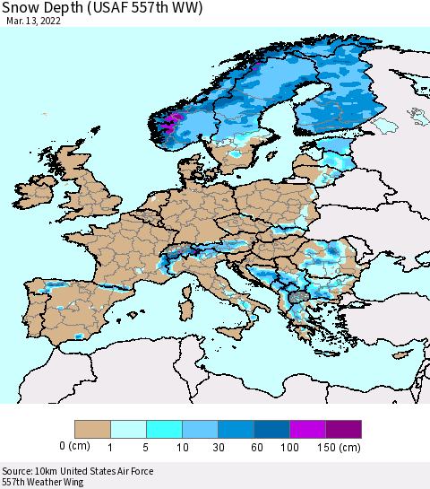 Europe Snow Depth (USAF 557th WW) Thematic Map For 3/7/2022 - 3/13/2022