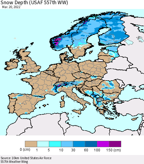 Europe Snow Depth (USAF 557th WW) Thematic Map For 3/14/2022 - 3/20/2022