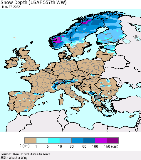 Europe Snow Depth (USAF 557th WW) Thematic Map For 3/21/2022 - 3/27/2022