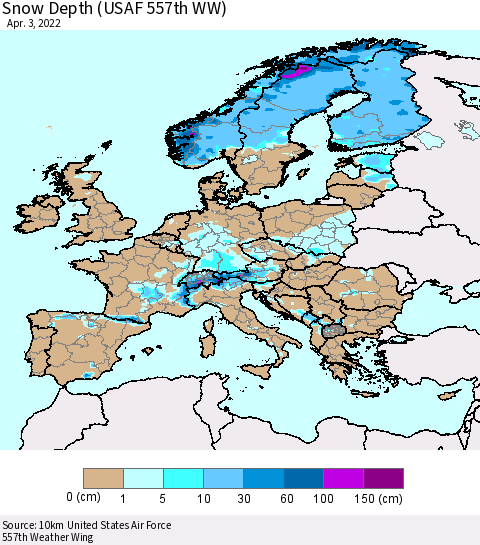 Europe Snow Depth (USAF 557th WW) Thematic Map For 3/28/2022 - 4/3/2022