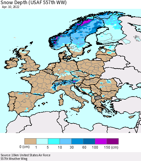 Europe Snow Depth (USAF 557th WW) Thematic Map For 4/4/2022 - 4/10/2022