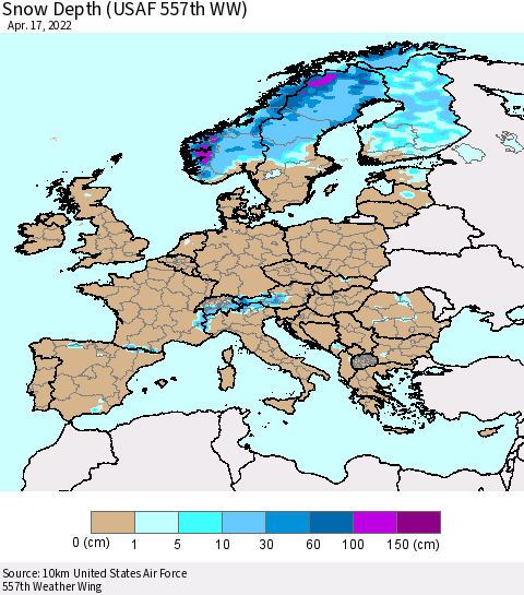 Europe Snow Depth (USAF 557th WW) Thematic Map For 4/11/2022 - 4/17/2022