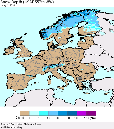 Europe Snow Depth (USAF 557th WW) Thematic Map For 4/25/2022 - 5/1/2022