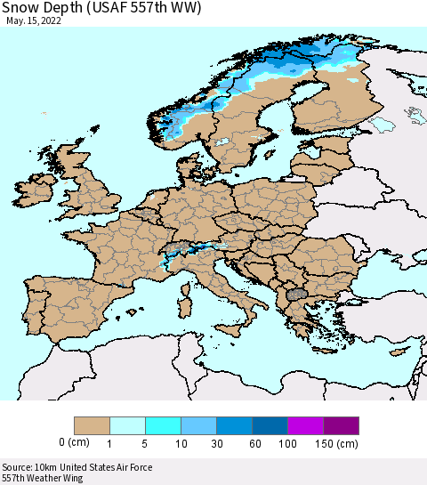 Europe Snow Depth (USAF 557th WW) Thematic Map For 5/9/2022 - 5/15/2022