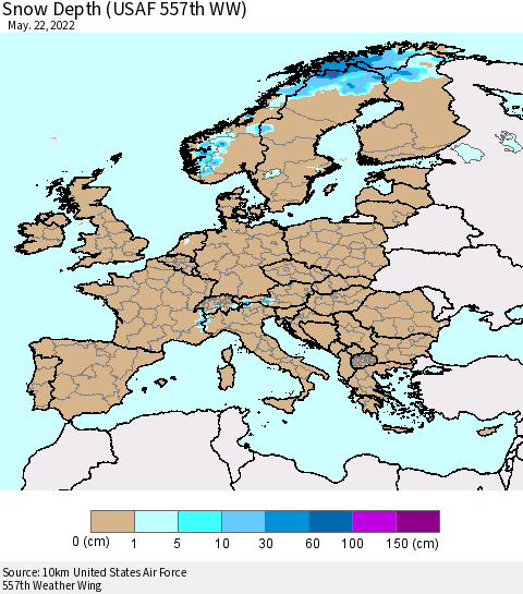 Europe Snow Depth (USAF 557th WW) Thematic Map For 5/16/2022 - 5/22/2022