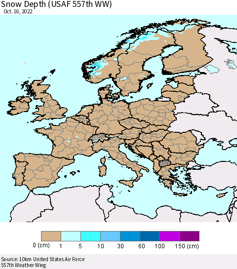 Europe Snow Depth (USAF 557th WW) Thematic Map For 10/10/2022 - 10/16/2022
