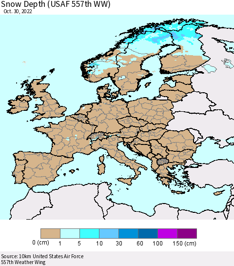 Europe Snow Depth (USAF 557th WW) Thematic Map For 10/24/2022 - 10/30/2022