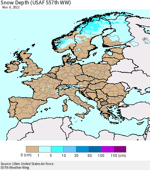 Europe Snow Depth (USAF 557th WW) Thematic Map For 10/31/2022 - 11/6/2022
