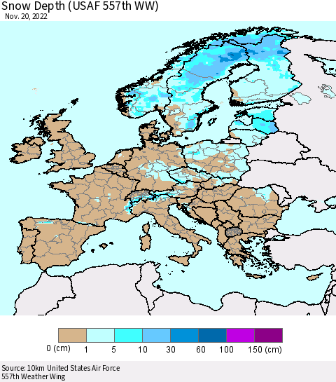 Europe Snow Depth (USAF 557th WW) Thematic Map For 11/14/2022 - 11/20/2022