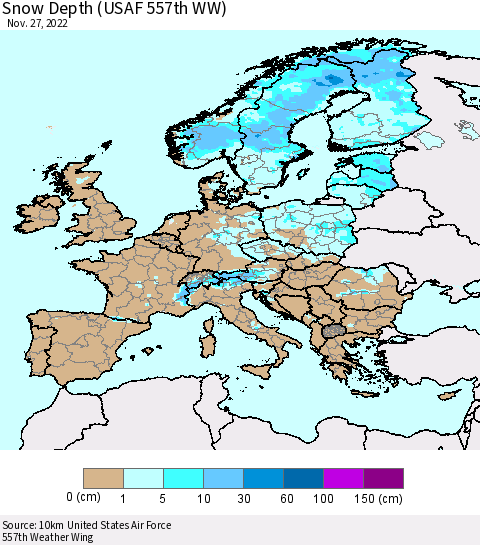 Europe Snow Depth (USAF 557th WW) Thematic Map For 11/21/2022 - 11/27/2022