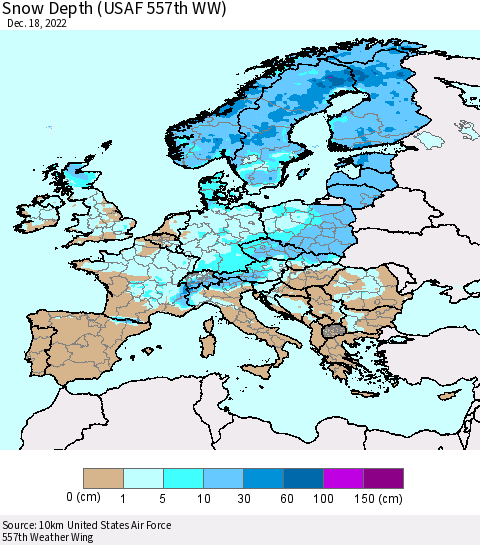 Europe Snow Depth (USAF 557th WW) Thematic Map For 12/12/2022 - 12/18/2022