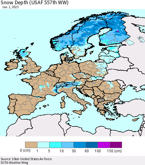 Europe Snow Depth (USAF 557th WW) Thematic Map For 12/26/2022 - 1/1/2023