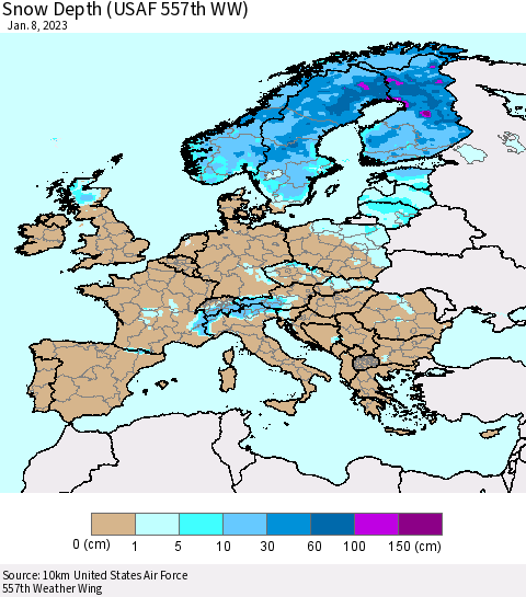 Europe Snow Depth (USAF 557th WW) Thematic Map For 1/2/2023 - 1/8/2023