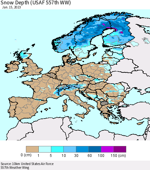 Europe Snow Depth (USAF 557th WW) Thematic Map For 1/9/2023 - 1/15/2023