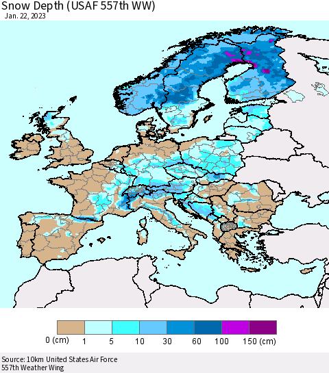 Europe Snow Depth (USAF 557th WW) Thematic Map For 1/16/2023 - 1/22/2023