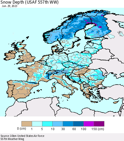 Europe Snow Depth (USAF 557th WW) Thematic Map For 1/23/2023 - 1/29/2023