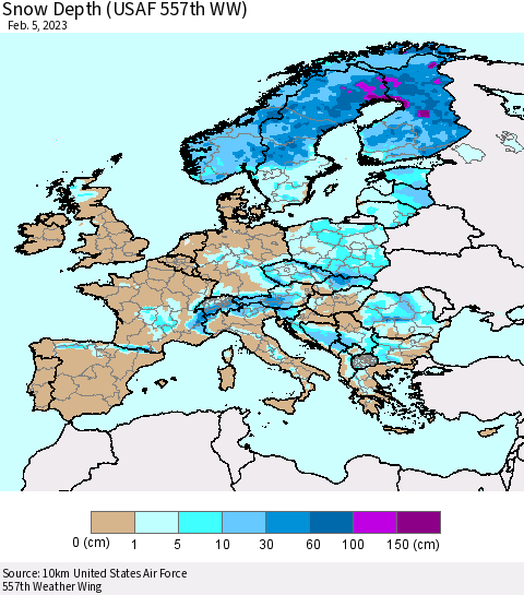 Europe Snow Depth (USAF 557th WW) Thematic Map For 1/30/2023 - 2/5/2023