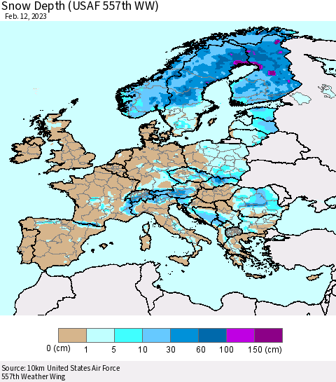 Europe Snow Depth (USAF 557th WW) Thematic Map For 2/6/2023 - 2/12/2023
