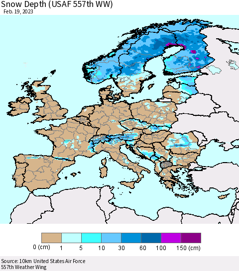 Europe Snow Depth (USAF 557th WW) Thematic Map For 2/13/2023 - 2/19/2023