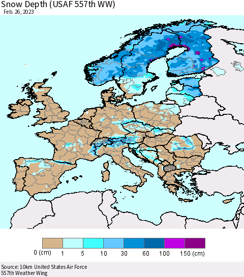 Europe Snow Depth (USAF 557th WW) Thematic Map For 2/20/2023 - 2/26/2023