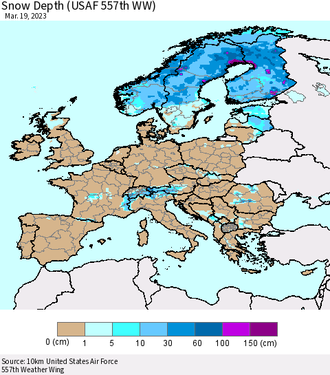 Europe Snow Depth (USAF 557th WW) Thematic Map For 3/13/2023 - 3/19/2023