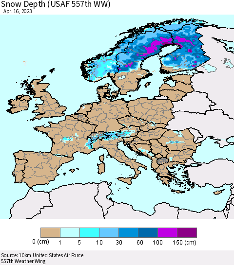 Europe Snow Depth (USAF 557th WW) Thematic Map For 4/10/2023 - 4/16/2023