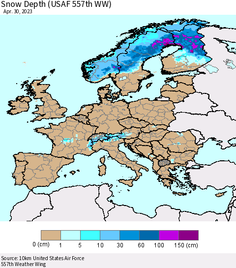 Europe Snow Depth (USAF 557th WW) Thematic Map For 4/24/2023 - 4/30/2023