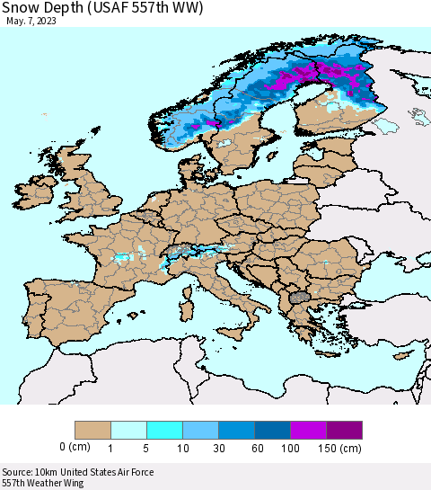 Europe Snow Depth (USAF 557th WW) Thematic Map For 5/1/2023 - 5/7/2023