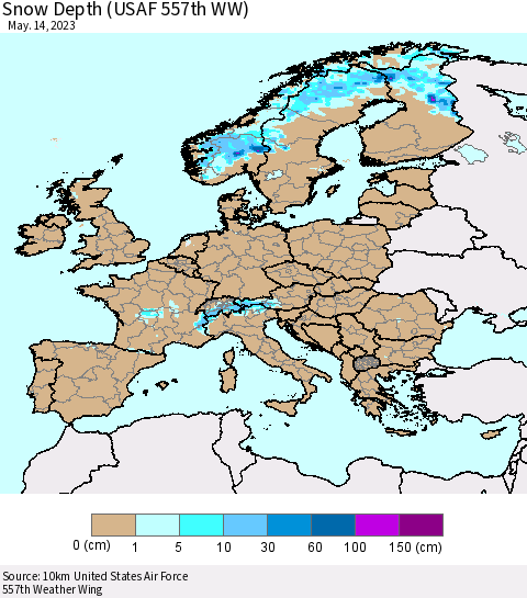 Europe Snow Depth (USAF 557th WW) Thematic Map For 5/8/2023 - 5/14/2023