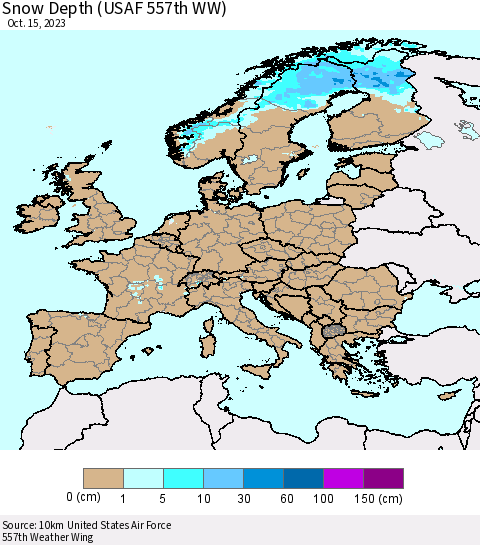 Europe Snow Depth (USAF 557th WW) Thematic Map For 10/9/2023 - 10/15/2023