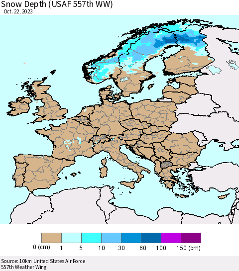 Europe Snow Depth (USAF 557th WW) Thematic Map For 10/16/2023 - 10/22/2023