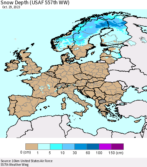 Europe Snow Depth (USAF 557th WW) Thematic Map For 10/23/2023 - 10/29/2023