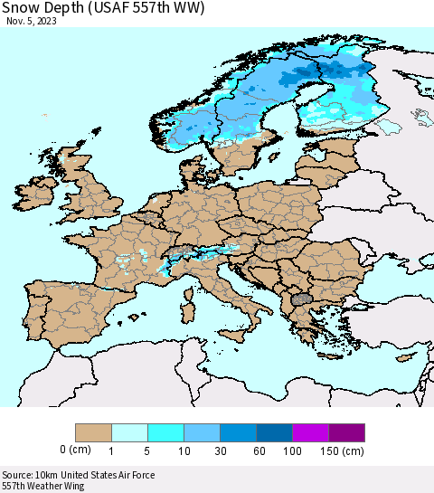 Europe Snow Depth (USAF 557th WW) Thematic Map For 10/30/2023 - 11/5/2023