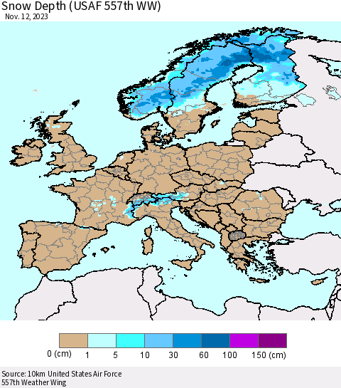 Europe Snow Depth (USAF 557th WW) Thematic Map For 11/6/2023 - 11/12/2023