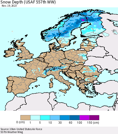 Europe Snow Depth (USAF 557th WW) Thematic Map For 11/13/2023 - 11/19/2023