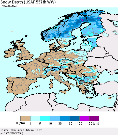 Europe Snow Depth (USAF 557th WW) Thematic Map For 11/20/2023 - 11/26/2023