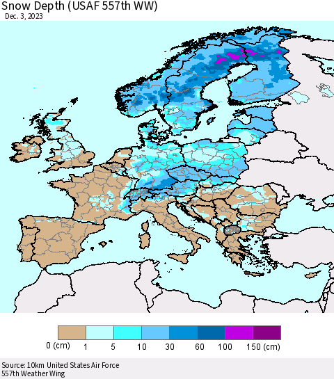 Europe Snow Depth (USAF 557th WW) Thematic Map For 11/27/2023 - 12/3/2023