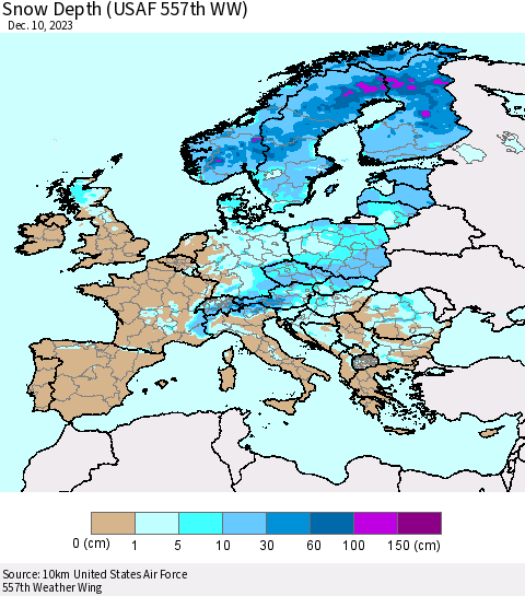 Europe Snow Depth (USAF 557th WW) Thematic Map For 12/4/2023 - 12/10/2023