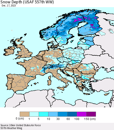 Europe Snow Depth (USAF 557th WW) Thematic Map For 12/11/2023 - 12/17/2023