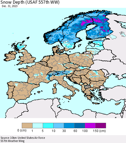 Europe Snow Depth (USAF 557th WW) Thematic Map For 12/25/2023 - 12/31/2023