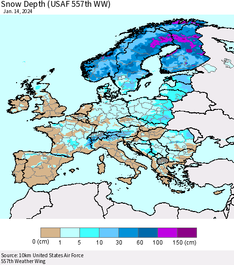 Europe Snow Depth (USAF 557th WW) Thematic Map For 1/8/2024 - 1/14/2024