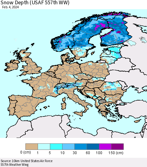 Europe Snow Depth (USAF 557th WW) Thematic Map For 1/29/2024 - 2/4/2024