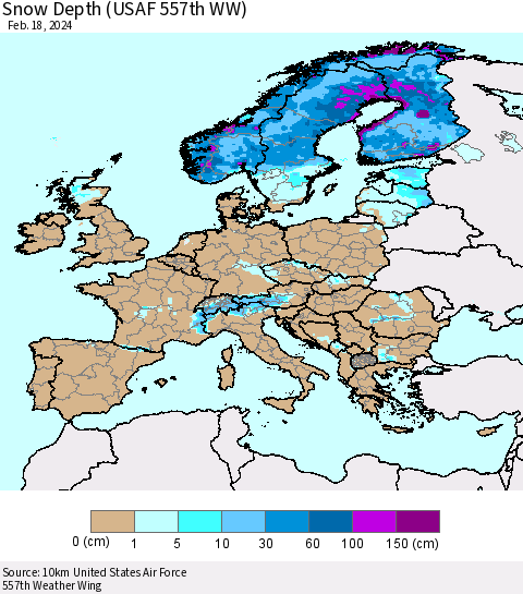 Europe Snow Depth (USAF 557th WW) Thematic Map For 2/12/2024 - 2/18/2024