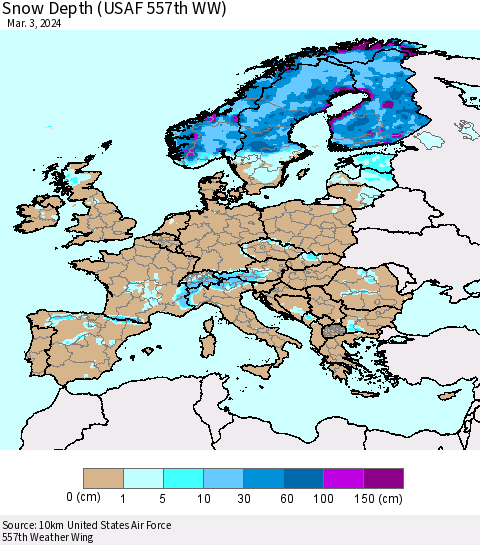 Europe Snow Depth (USAF 557th WW) Thematic Map For 2/26/2024 - 3/3/2024