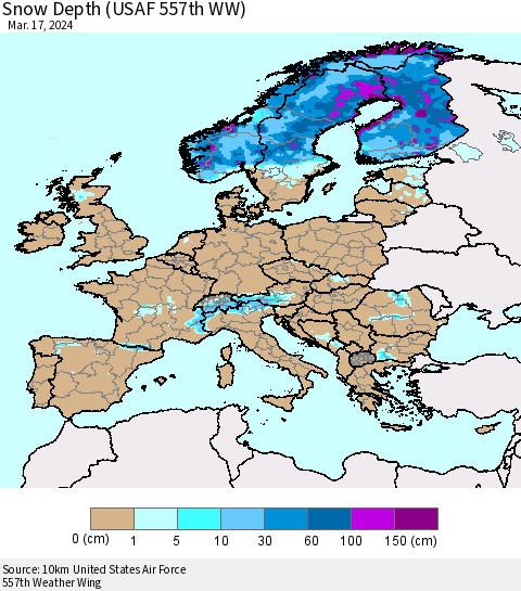Europe Snow Depth (USAF 557th WW) Thematic Map For 3/11/2024 - 3/17/2024